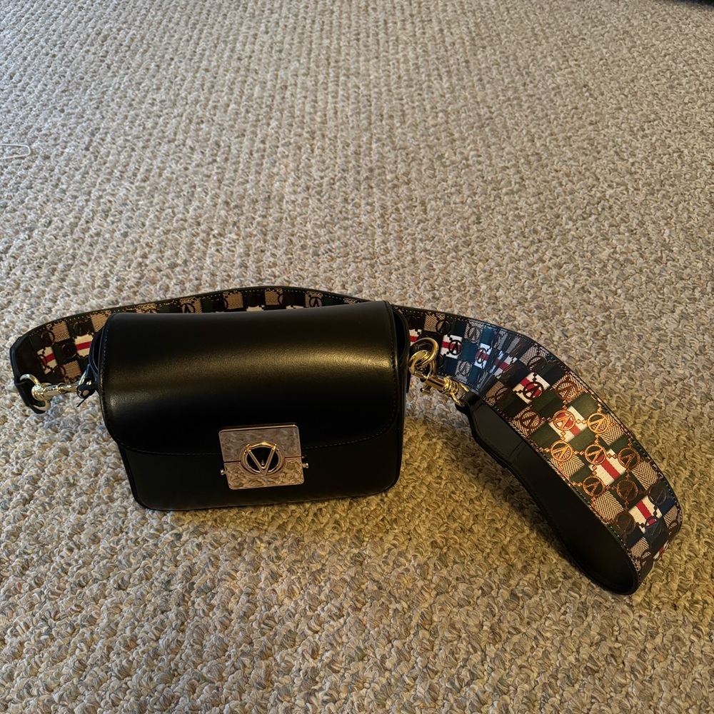 Valentino Black Crossbody Bag with Patterned Strap